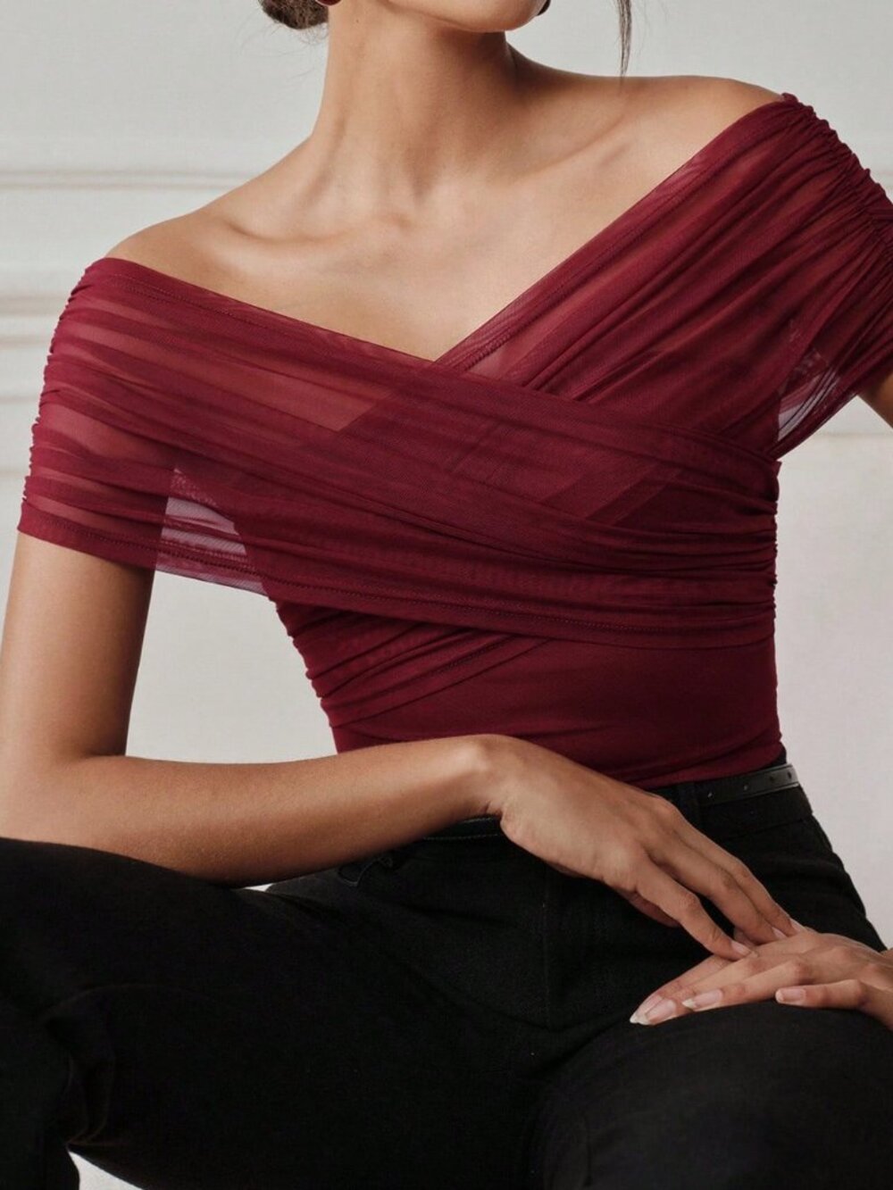 Burgundy Casual Women's Off-Shoulder Mesh Bodycon Bodysuit